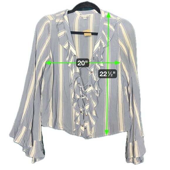 American Eagle NEW Blue White Stripe Ruffle Lace Up Flare Sleeve Boho Y2K Top M - Picture 4 of 7